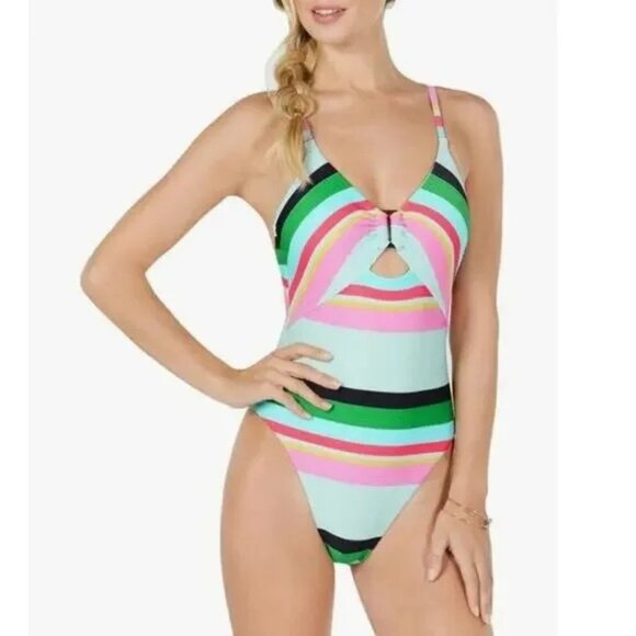 NWT Trina Turk Women's Deco Stripe High Leg Maillot One-Piece Swimsuit Sz 8 2588 - Picture 2 of 11